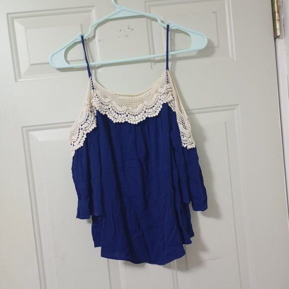 Romeo & Juliet Couture Blue Lace Trim Cami Top S 3/4 Sleeve With Bare Shoulders - Picture 5 of 8
